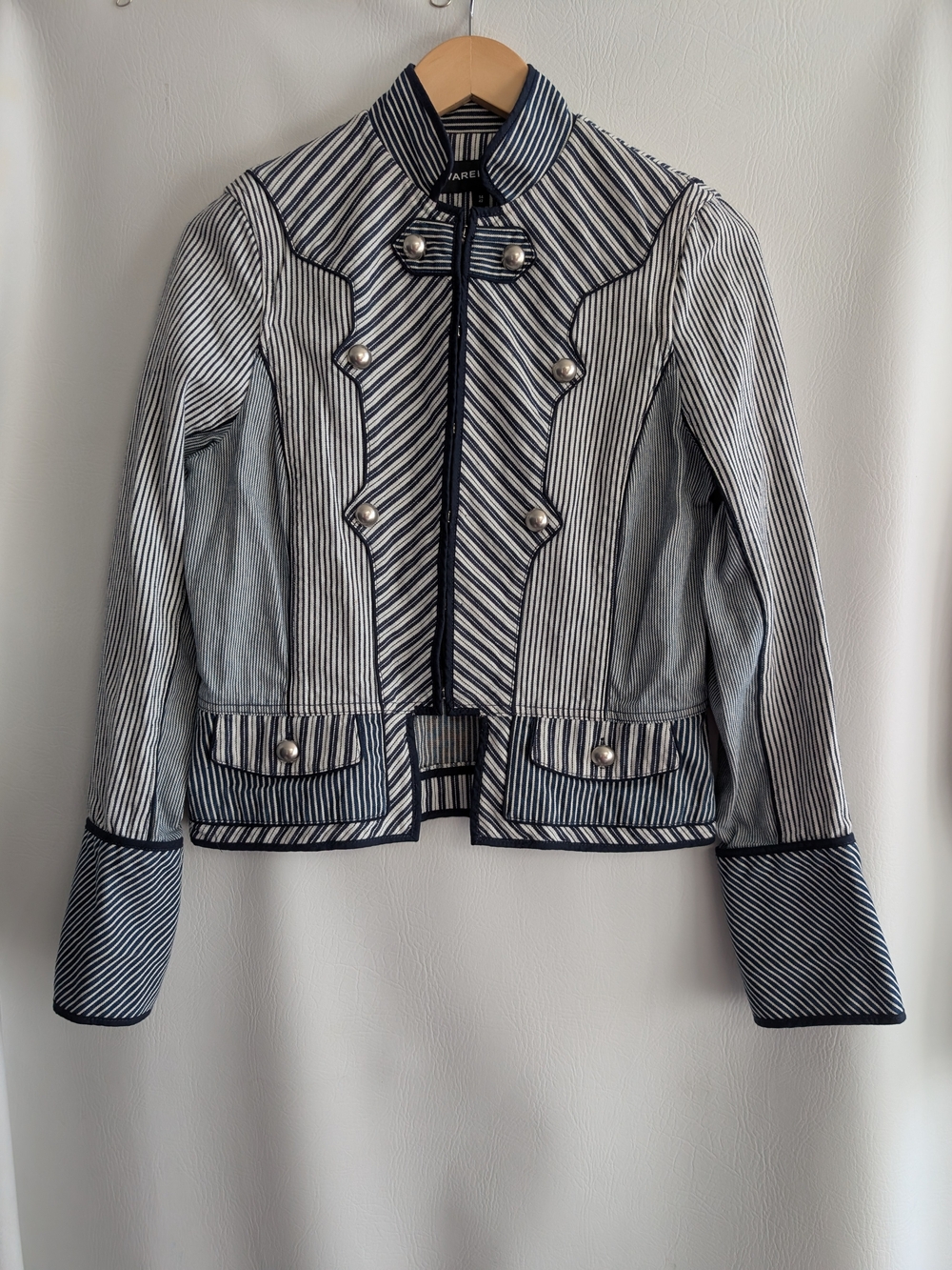 Warehouse UK Navy and White Striped Military-Style Peplum Blazer - USA 10